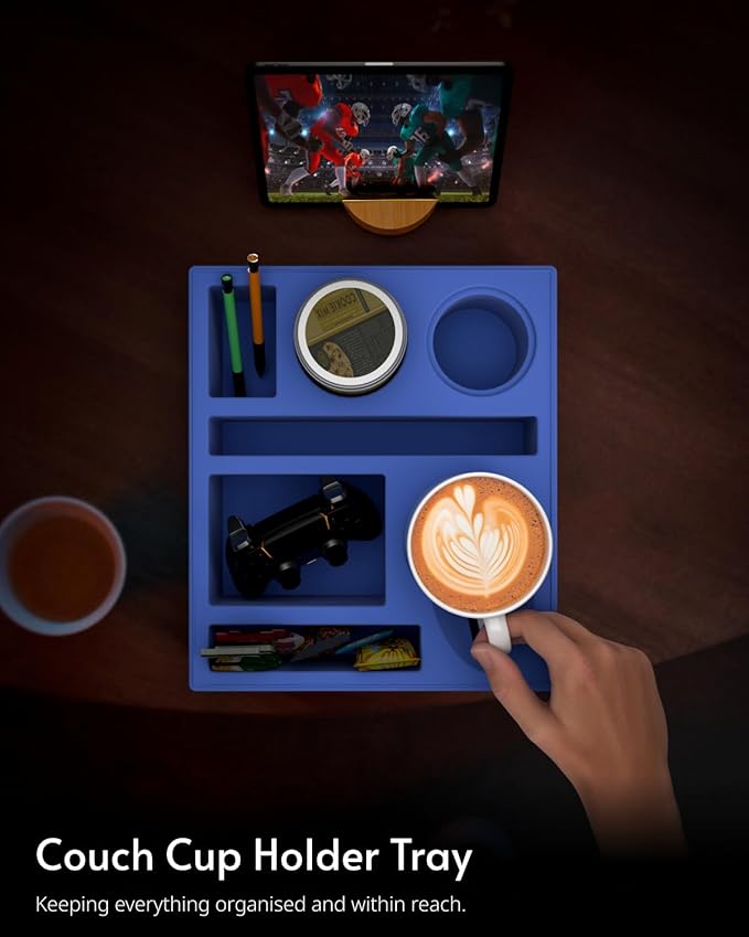 Couch Cup Holder Tray - Couch Organizer Caddy, Silicone Beach Caddy with Cup Holder, Sofa and Bed Drink Holder and Couch Tray Table for Snacks Beverage Remote (Blue)