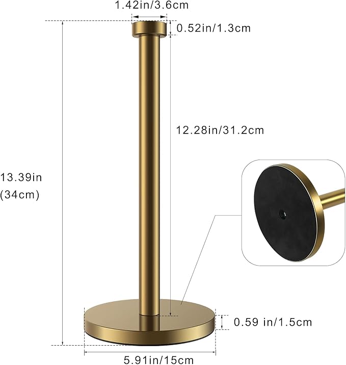 Paper Towel Holder Countertop, Gold Paper Towel Roll Holder for Kitchen Bathroom, One-Handed Operation Stainless Steel Paper Towel Holder with Weighted Base