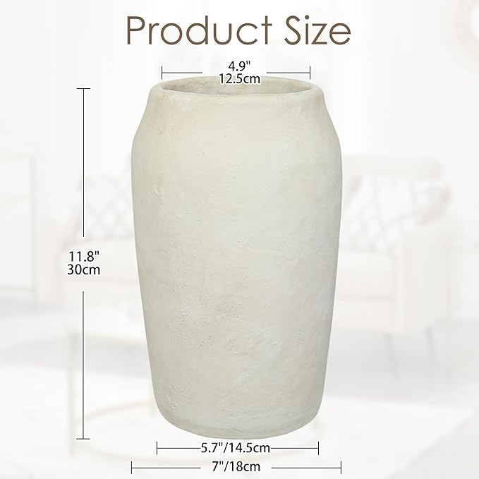 Briful Rustic Vintage Ceramic Vase, 11.8'' Farmhouse Table Decor with Wide Mouth, Large Decorative Vase for Home Decor, Living Room, Entryway & Shelf Styling, Beige