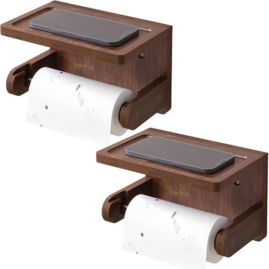 VERTORGAN 2 Pack Toilet Paper Holder with Phone Shelf,Bamboo Wall Mounted Tissue Roll Holder for Bathroom(Brown)