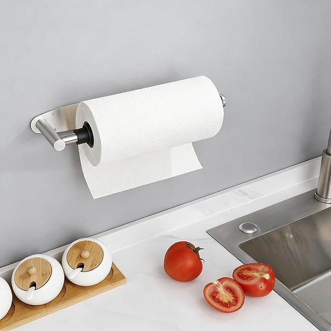 Single Hand Operable Paper Towel Holder Under Cabinet with Damping Effect, Self Adhesive Paper Towel Roll Holder Wall Mounted for Kitchen Bathroom, SUS304 Stainless Steel Brushed Nickel
