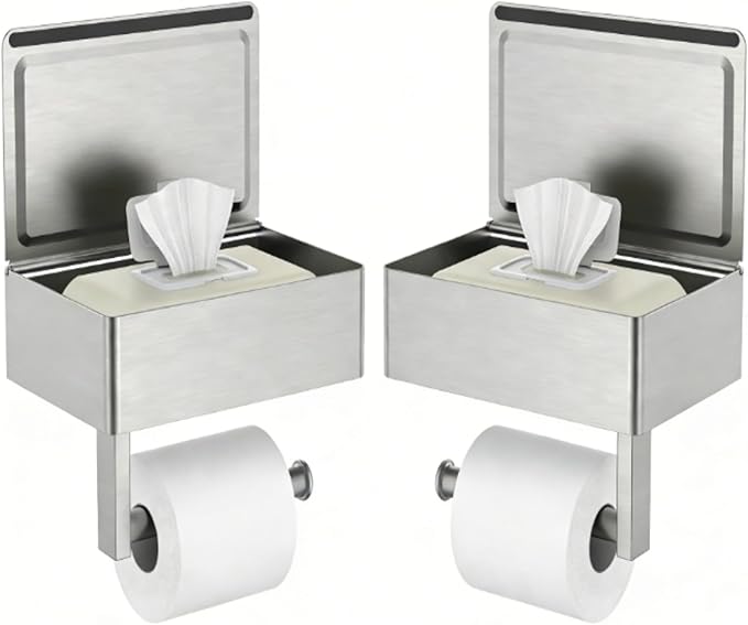 FORIOUS Toilet Paper Holder with Shelf, Sanitary Napkin Receptacle Tampon Holder, Wall Mount Toilet Paper Holder with Storage, Flushable Wipes Dispenser Fits for Bathroom Commercial(Brushed Nickel)
