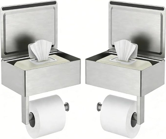 FORIOUS Toilet Paper Holder with Shelf, Sanitary Napkin Receptacle Tampon Holder, Wall Mount Toilet Paper Holder with Storage, Flushable Wipes Dispenser Fits for Bathroom Commercial(Brushed Nickel)