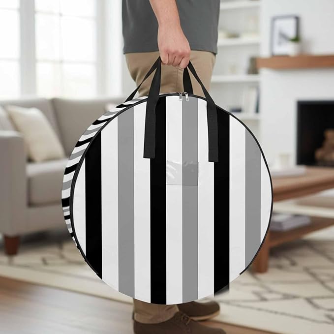Storage Bag Black Gray Stripes Round Storage Totes Bins Closet Organizers with Zippers & Handle Contrast Striped Clothes Storage Container for Bedroom Dorm Space Saving Packing Supplies Moving Bags