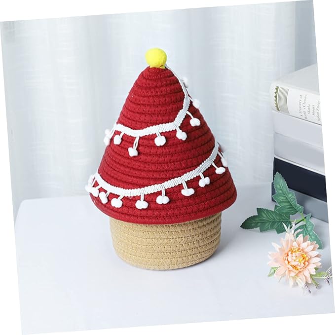 Hemobllo Christmas Tree Woven Cotton Rope Basket with Lid Decorative Sundries Storage Container for Living Bedroom and Bathroom Organization Cute Nordic Style Red Holiday Organizer
