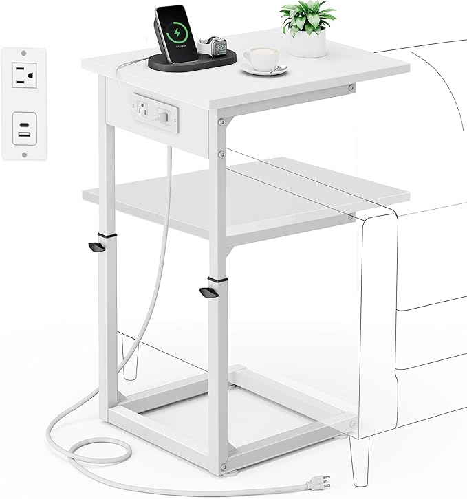 Vagusicc C Shaped End Table with Charging Station, C Table End Table Adjustable Height Sofa Table, Side Table for Couch, Couch Table That Slide Under, TV Tray Arm Table for Living Room,Bedroom, White