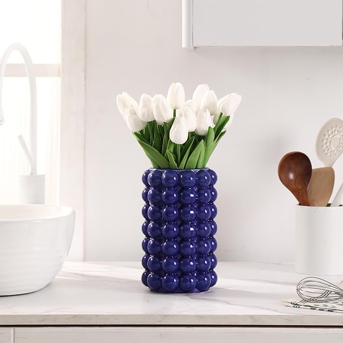 Bubble Vase, Blue Ceramic Vase, Short Ceramic Flower Vases, Modern Decorative Vases for Living Room, Wedding, Entryway, Mantel, Office, 8.5 Inches