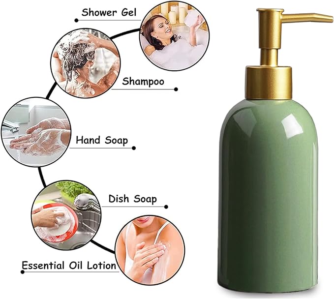 2Pack Ceramic Soap Dispenser Green with Gold Pump,Modern Design Cylindrical Lotion Dispenser Bottle,Refillable Liquid Hand Soap Dispenser for Kitchen,Bathroom,Washroom