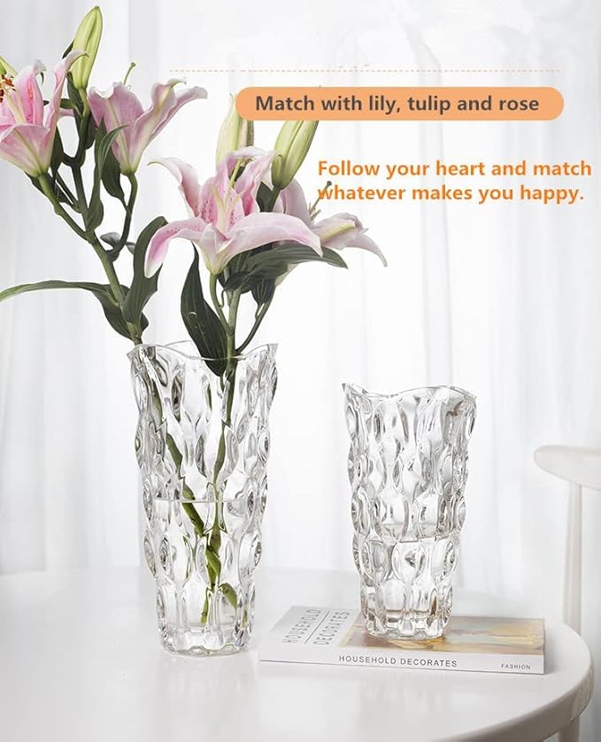 Unbreakable Flower Glass Vase 3.5lb 9.5inch Transparent vase Bohemian Style, for Centerpieces,Kitchen,Office, Living Room,Wedding,Perfect Home Decor Glass Vase (Transparent)