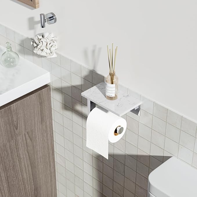 Toilet Paper Holder with Marble Shelf, 304 Stainless Steel Tissue Hand Holder Wall Mounted Toilet Paper Roll Hold with Phone Shelf for Bathroom Kitchen Washroom Bedroom, Chrome