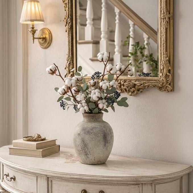 SIDUCAL Ceramic Decorative Flower Vase | 6 Inch Pottery Rustic Farmhouse | Boho | Whitewashed Terracotta Vase for Home Decor, Table, Living Room, Bathroom, Shelf, Mantel Decoration
