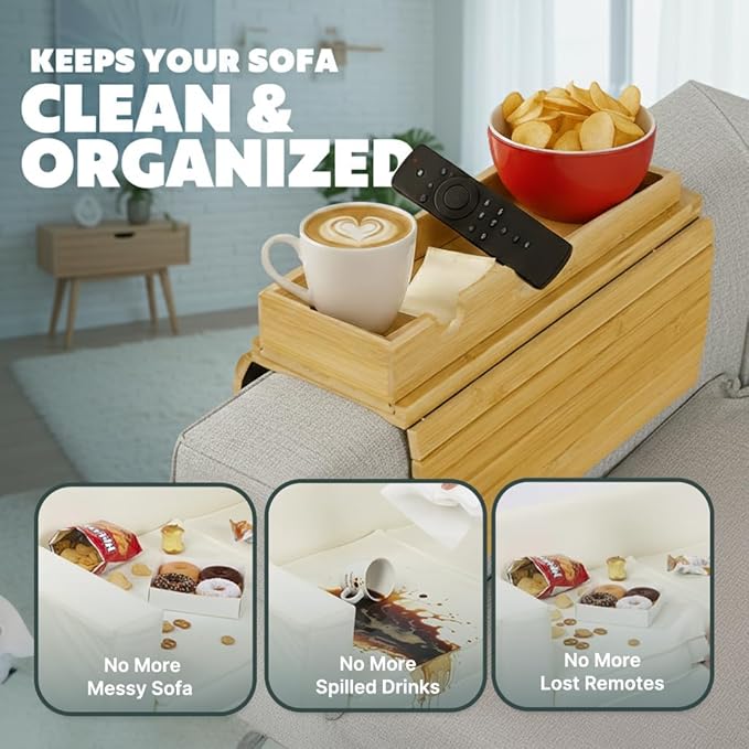 Bamboo Couch Cup Holder Tray, Sofa Arm Tray, Lab Tray with Detachable Design | Anti-Slip Foldable Sofa Armrest Table for Snacks, Drinks, Donuts, Phone & Remote | Anti-Falling Couch Organizer