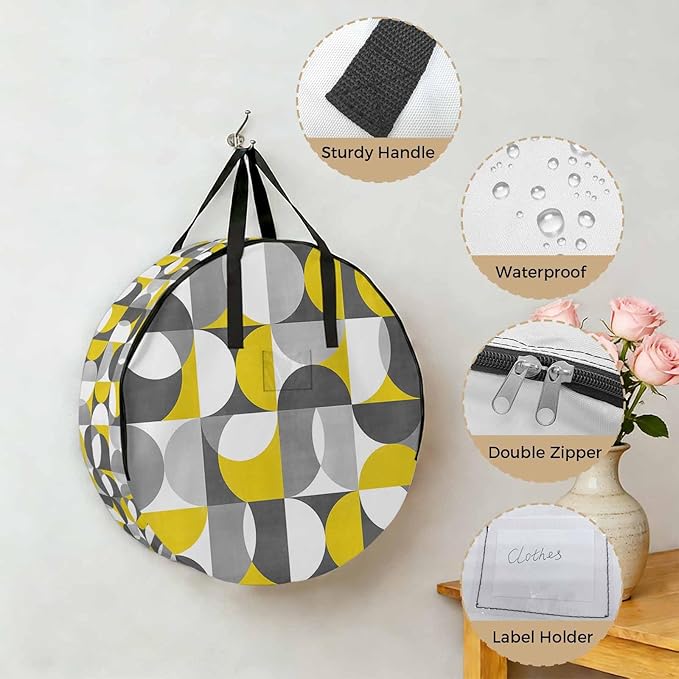 Storage Bag Mid Century Geometric Round Storage Totes Bins Closet Organizers with Zippers & Handle Abstract Modern Yellow Gray Clothes Storage Container for Bedroom Dorm Space Saving Packing Supplies