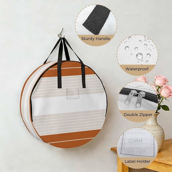 Storage Bag Cream Striped Round Storage Totes Bins Closet Organizers with Zippers & Handle Ombre Caramel Stripes Clothes Storage Container for Bedroom Dorm Space Saving Packing Supplies Moving Bags