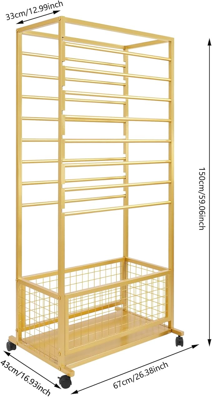 Mobile Ribbon Holder Double-Sided Ribbon Organizer Rack with 16 Hanging Rods Multifunctional Flower Wrapping Paper Storage Stand with Lockable Wheels Wrapping Paper Rack (26.38*12.99*59.06in, Gold)