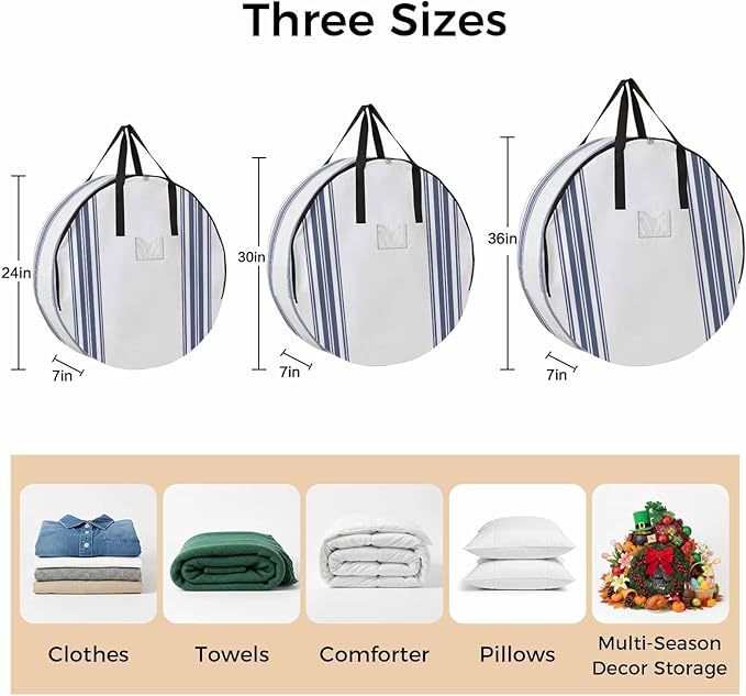 Storage Bag Blue White Striped Round Storage Totes Bins Closet Organizers with Zippers & Handle Farmhouse Striped Clothes Storage Container for Bedroom Dorm Space Saving Packing Supplies Moving Bags