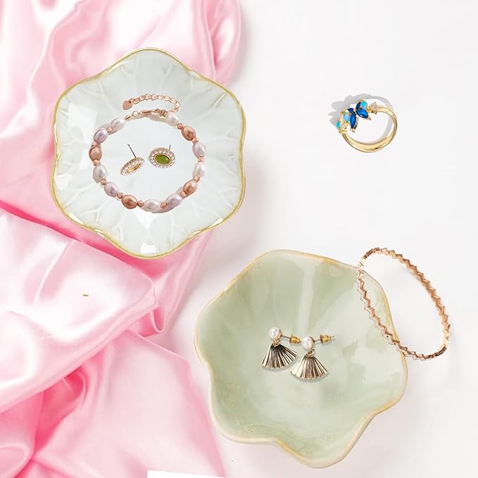 Binoster 2 Pcs Ceramic Jewelry Dish, Jewelry Tray Key Tray,Small Ring Dish Holder Jewelry Plate Trinket Dish Catchall Tray Nightstand Decor For Table Room Decor SM (4.3 In, White,Green)