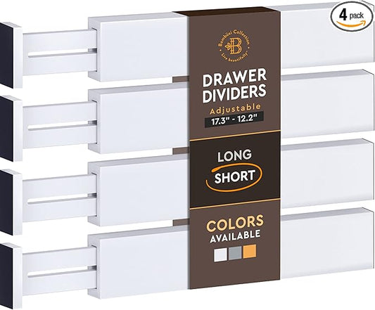 4-Pack White Drawer Dividers - Fits Drawers 12.2 to 17.3 Inches Deep, 2.6 Inch High, 0.6 Inch Thick, Adjustable Bamboo Drawer Organizers Separators for Dresser Clothes, Kitchen, Bathroom, Home, Office