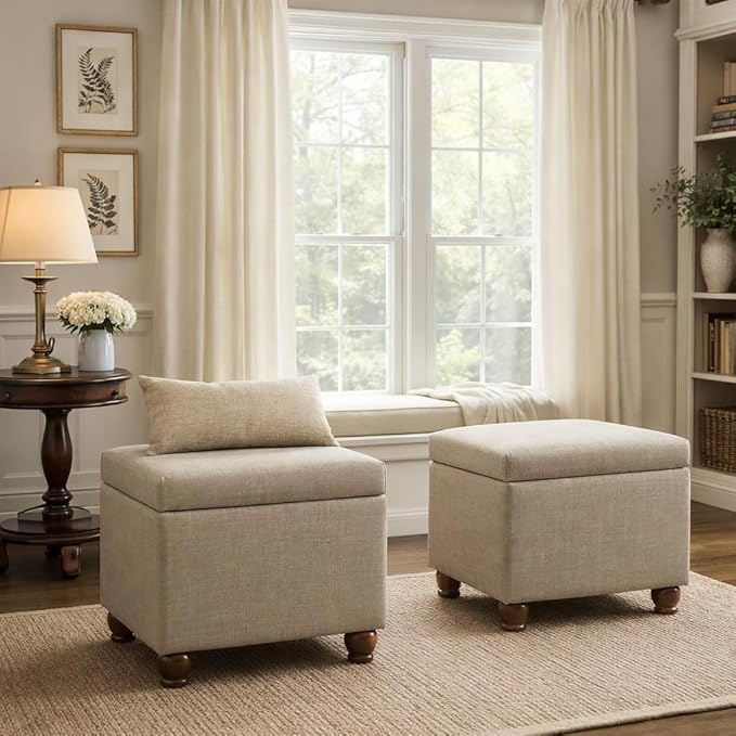 Homepop Home Decor | Upholstered MediumRectangular Storage Ottoman | Hinged Lid Ottoman with Storage for Living Room & Bedroom, Tan Linen
