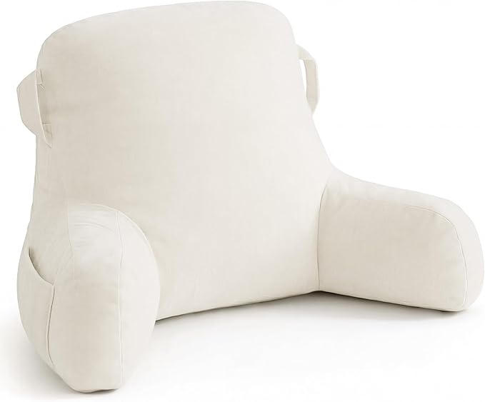 Unisakey Portable Comfy Reading Pillows for Bed Sitting Up(Beige Oeko-Tex), Velvet Back Pillow with Arms & Pockets for Adults, Support Memory Foam Bed Pillow for Dorm/Reading/Watching/Gaming