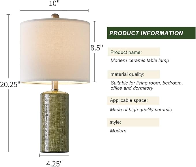 G-SAFAVA 20.25" Small Table Lamps Set of 2 Modern Ceramic Lamps for Living Room Farmhouse Bedside Lamps Boho Lamps for Night Stands Green Bedroom Lamp Side Table Lamps End Table Lamp