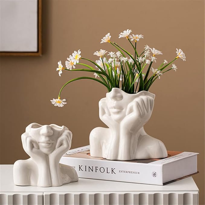 Ceramic Face Vase, White Flower Vases for Decor Female Form Head Half Body Vase Boho Unique Decorative Modern Style for Home Living Room Office Book Shelf (Medium)