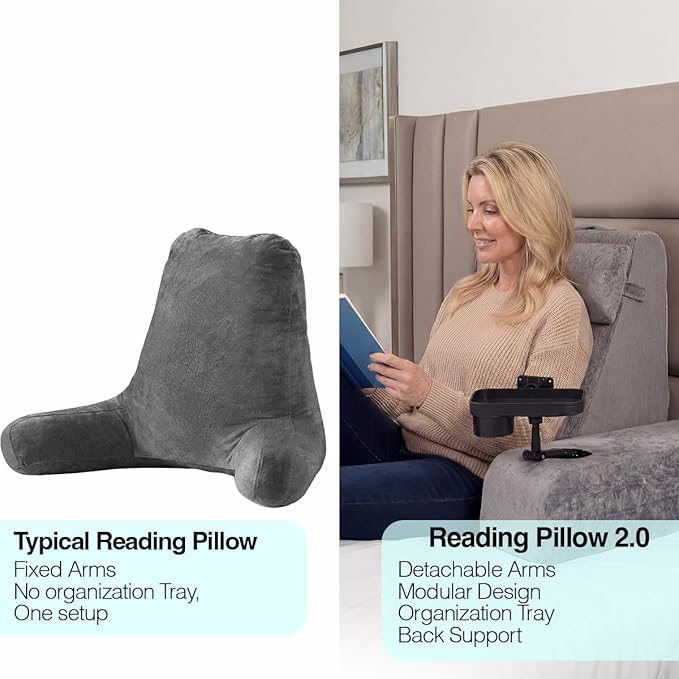 TabCouchCaddy Reading Pillow for Adults – 24” XL Memory Foam Backrest with Detachable Arms, Cup Holder, Phone Caddy & Adjustable Tray Mount | Back Pillow for Bed Sitting Up, Reading, TV & Recovery