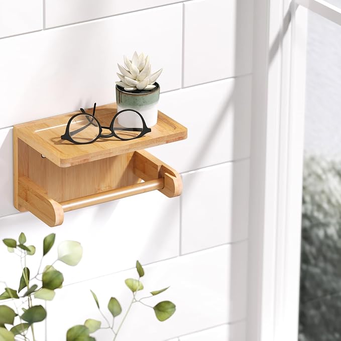 VERTORGAN 2 Pack Toilet Paper Holder with Phone Shelf,Bamboo Wall Mounted Tissue Roll Holder for Bathroom(Natural)