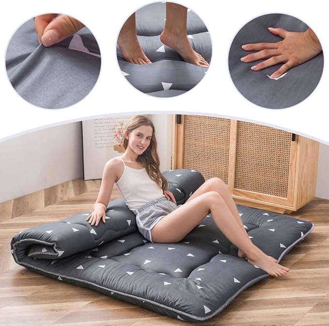 MAXYOYO Grey Triangle Printed Japanese Futon Floor Mattress, Thicken Sleeping Pad Floor Mat Roll Up Camping Guest Mattress Folding Couch, Full Size