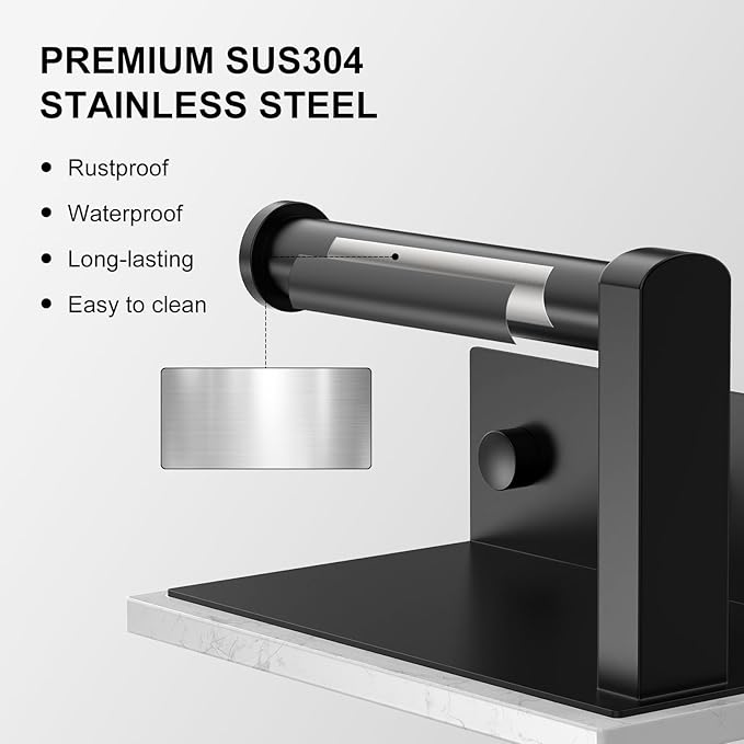 Toilet Paper Holder with Marble Shelf, 304 Stainless Steel Tissue Hand Holder Wall Mounted Toilet Paper Roll Hold with Phone Shelf for Bathroom Kitchen Washroom Bedroom, Matte Black