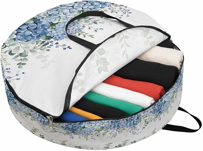 Storage Bag Blue Hydrangea Round Storage Totes Bins Closet Organizers with Zippers & Handle Green Eucalyptus Leaves Flowers Clothes Storage Container for Bedroom Dorm Space Saving Packing Supplies