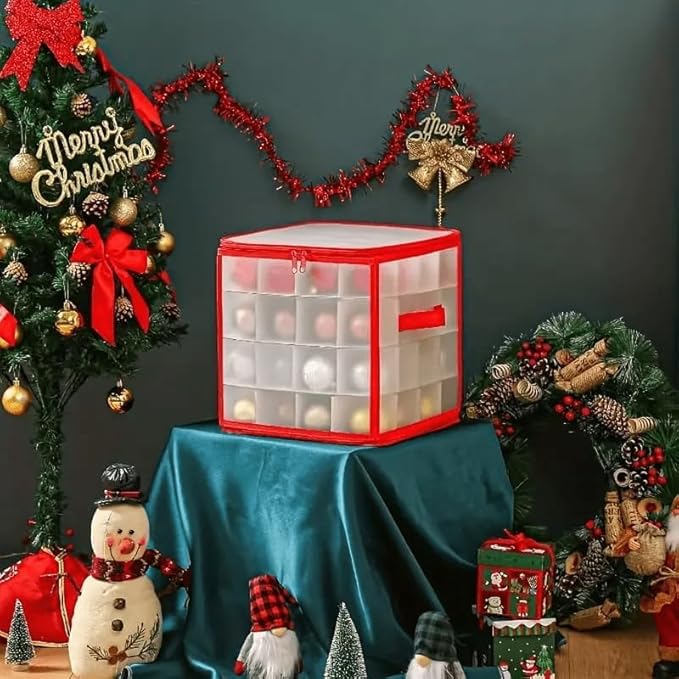 Christmas Ornament Storage Box,4 Tier Christmas Storage Box with Lid,64 Ornament Box With Durable Zippers and Dividers,Non-Woven & Tear-Proof Christmas Ornament Storage Containers,for 3"Seasons Balls