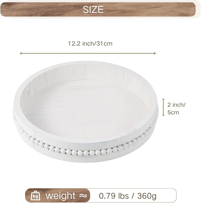 Decorative Wooden Tray: Beaded Round Coffee Table Tray for Centerpiece, Rustic Farmhouse Wood Serving Tray for Entry, Living Room and Kitchen Counter Decor, 11.8 inch - Distressed White