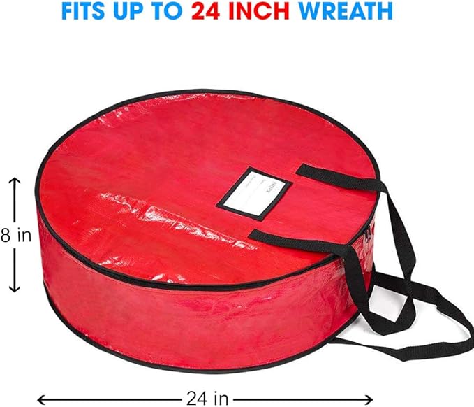 ProPik Christmas Wreath Storage Bag 24" - Garland Holiday Container with Tear Resistant Material - Featuring Heavy Duty Handles and Transparent Card Slot - 24” X 8” (Red)