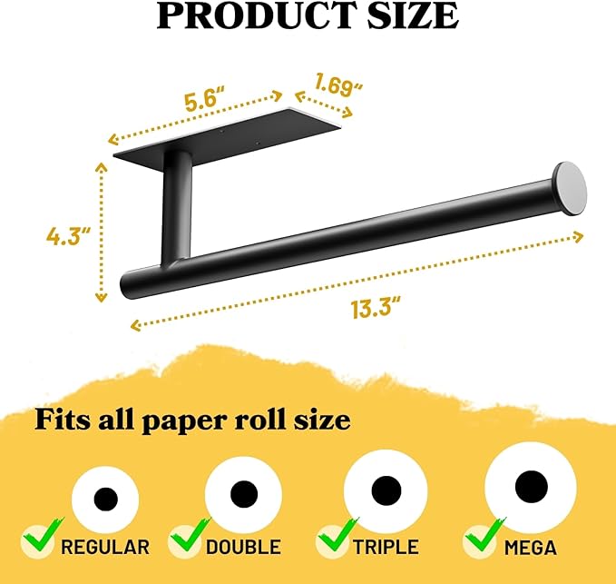 Kitchen Paper Towel Holder - Under Cabinet Stick-on Towel Rack for Hanging Paper - First Apartment Essentials Wall Mount Self Adhesive 304 Stainless Steel Rack Fits for Kitchen, RV, Dark Black