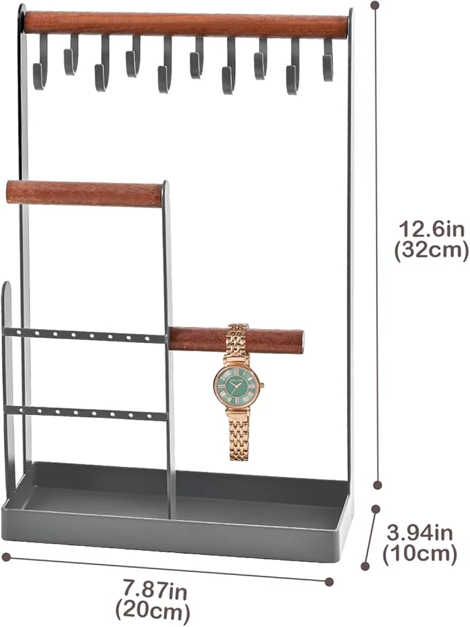 ProCase Jewelry Stand Holder Organizer, 4-Tier Necklace Holder with Ring Tray, 10 Hooks Necklaces Hanging Small Jewelry Display Storage Tower Tree for Bracelets Earrings Watches -Medium, Grey
