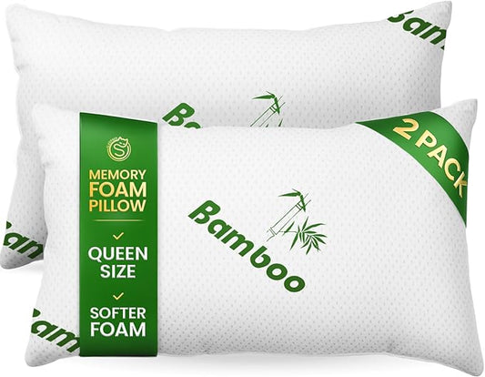 Memory Foam Pillows Queen Size Set of 2 - Cooling Bed Pillows for Sleeping - Back, Stomach, Side Sleeper Soft, Comfy Cool Shredded - 2 Pack, Rayon Derived from Bamboo