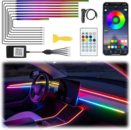Acrylic Interior Car LED Lights with Remote and Wireless APP, Ambient Lighting Kits Fiber Optic Strip LEDs,16 Million Colors Music&DIY Function (8 in 1)