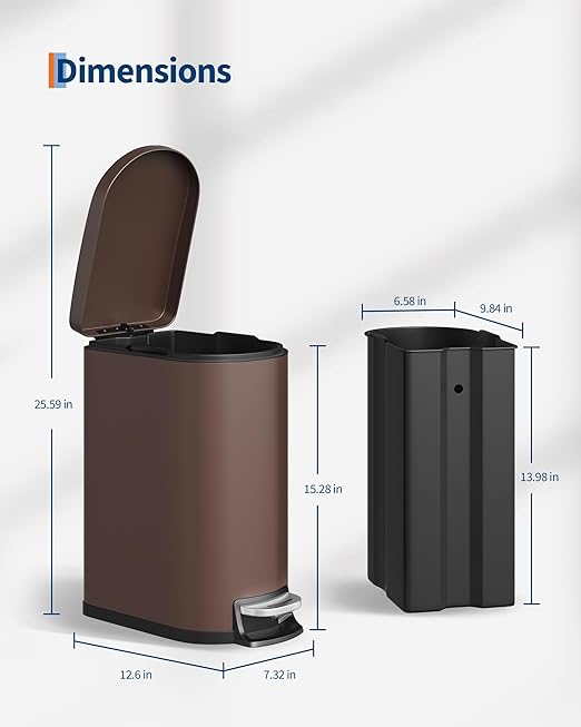 Garvee 2.6 gal / 10 L Metal Bathroom Trash Can with Lid, Slim Waterproof Garbage Can for Bedroom, Small Step-on Trash Bin with Inner Bucket, Rear Handle, Soft Close Lid, Brown