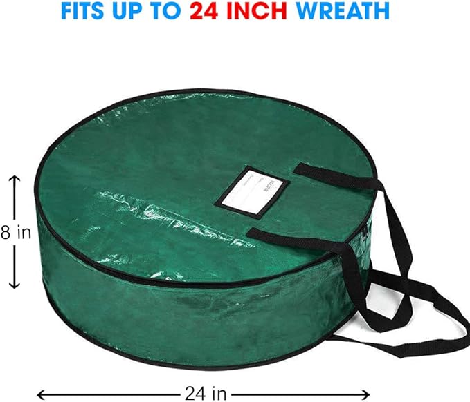 ProPik Christmas Wreath Storage Bag 24" - Garland Holiday Container with Tear Resistant Material - Featuring Heavy Duty Handles and Transparent Card Slot - (Green)