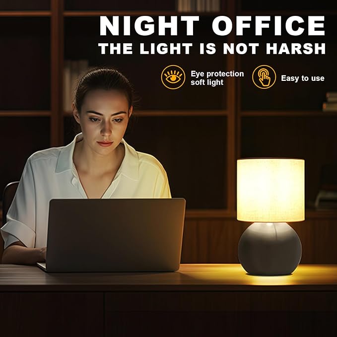 Modern Small Table Lamp with Grey Metal Base and Linen Shade, 10.4 Inch Nightstand Light for Bedroom, Living Room, Desk, Dorm