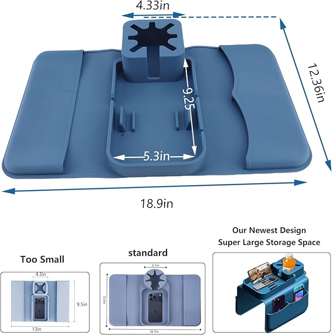Silicone Couch Cup Holder Tray with Tablet & Phone Stand, Anti-Slip Sofa Arm Organizer with Dual Side Pockets for Remotes, Snacks, Headphones, Glasses, Drinks (Blue)