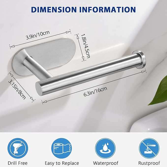 Toilet Paper Holder, Self Adhesive Toilet Paper Roll Holder No Drilling Wall Mount for Kitchen, Bathroom, Toilet, Brushed Nickel Stainless Steel