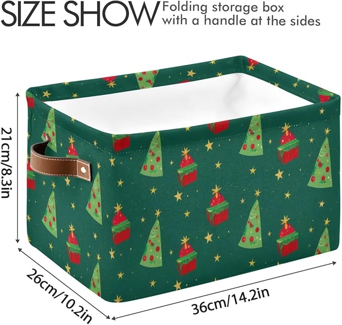 Christmas Storage Basket, Collapsible Canvas Box with Green Tree Pattern, 14.2x10.2x8.3 Inches, Decorative Organizer for Bedroom Storage with Leather Handles