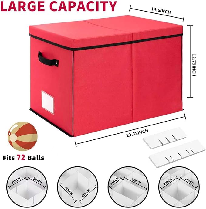 DIMESHY Large Christmas Ornament Storage Box With Adjustable Dividers,Ornament Storage Container with 3 Removable Trays for 72 Holiday Decorations,Red