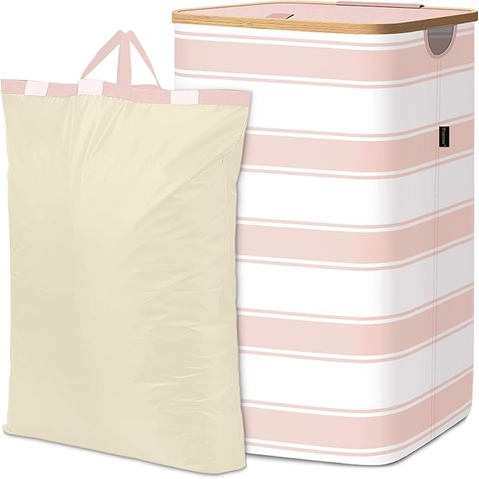BALEINE Laundry Hamper with Lid, Tall Laundry Baskets with Bamboo Pull Handles, Large Laundry Bin with Internal Support (26 Gal/100L, Pink Stripe)