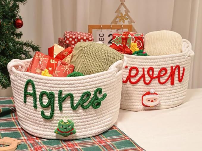 Personalized Handmade Kids Christmas Eve Gift Basket Cotton Rope Storage Basket with Name Large Capacity