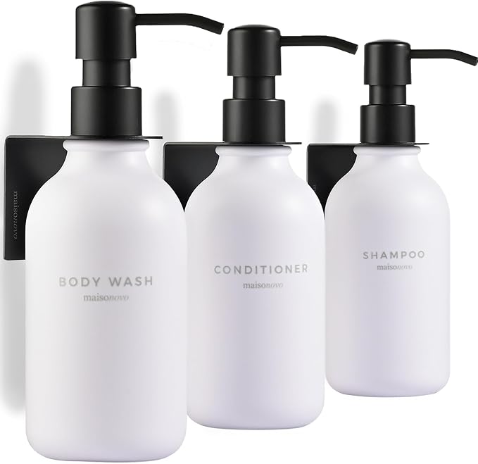 Shampoo and Conditioner Dispenser Wall Mounted Set of 3 White Black - No Drill Shower Soap Dispenser for Bathroom Refillable - Spa Hotel Style Accessories by MaisoNovo