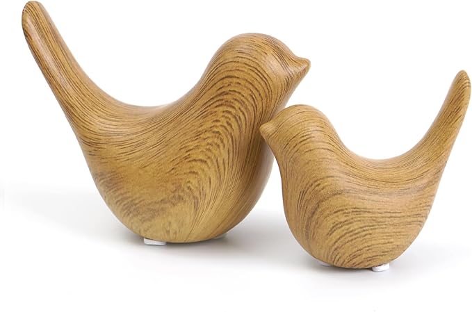 Elegant Wood Look Small Bird Sculptures,Modern Abstract Art Pieces for Bookshelf Decor, Coffee Table Decor, and Luxury Home Decor Accents(2Pcs Set)