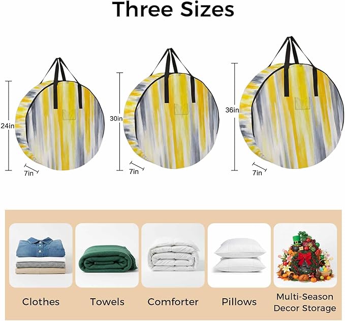 30 Inch Round Storage Bag 1 Pack,Grey Yellow Abstract Texture Waterproof Wreath Storage Container with Handles&Zipper Retro Graffiti Closet Organizer Bags Garland Box